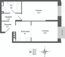Планировка двухкомнатной(квартира) площадью 45.3 квадратных метров в “ЖК КИНОКВАРТАЛ”