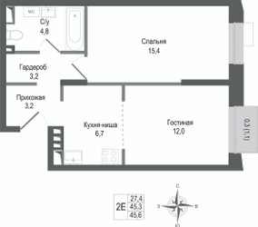 Планировка двухкомнатной(квартира) площадью 45.3 квадратных метров в “ЖК КИНОКВАРТАЛ”