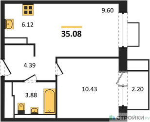 Планировка однокомнатной(квартира) площадью 35.08 квадратных метров в ЖК “ЖК Пятницкие луга”