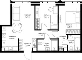 Планировка двухкомнатной(квартира) площадью 61.02 квадратных метров в “ЖК Джойс”