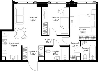 Планировка двухкомнатной(квартира) площадью 61.02 квадратных метров в ЖК “ЖК Джойс”