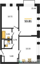 Планировка двухкомнатной(квартира) площадью 53.81 квадратных метров в ЖК “ЖК Рублевский Квартал”