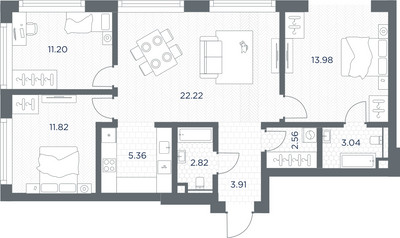 Планировка трехкомнатной(квартира) площадью 76.91 квадратных метров в ЖК “ЖК TATE (Тэйт)”