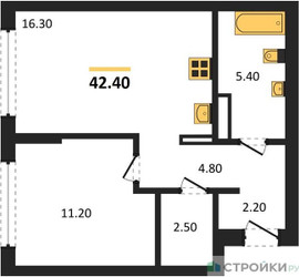 Планировка однокомнатной(квартира) площадью 42.4 квадратных метров в “ЖК Первый квартал”