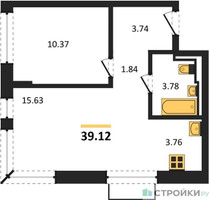 Планировка однокомнатной(квартира) площадью 39.12 квадратных метров в “ЖК Рублевский Квартал”