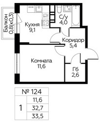 Планировка однокомнатной(квартира) площадью 33.5 квадратных метров в ЖК “ЖК Цветочные Поляны Сити”
