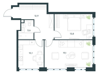 Планировка двухкомнатной(квартира) площадью 59.5 квадратных метров в ЖК “ЖК Левел Южнопортовая”
