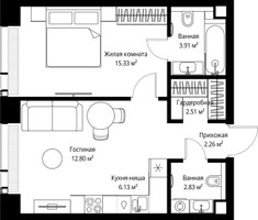 Планировка однокомнатной(квартира) площадью 45.77 квадратных метров в “ЖК Веер”