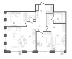 Планировка трехкомнатной(квартира) площадью 102.9 квадратных метров в “ЖК ПЕЙВ”