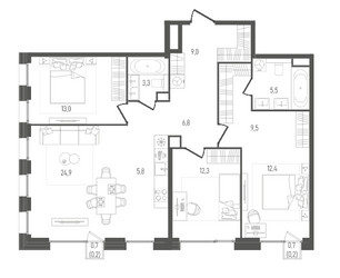 Планировка трехкомнатной(квартира) площадью 102.9 квадратных метров в ЖК “ЖК ПЕЙВ”