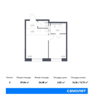 Планировка однокомнатной(квартира) площадью 39.06 квадратных метров в “ЖК Цветочные Поляны”