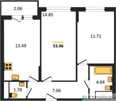 Планировка двухкомнатной(квартира) площадью 53.96 квадратных метров в “ЖК Светлый мир БиоПолис”