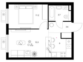 Планировка однокомнатной(квартира) площадью 37.8 квадратных метров в “ЖК Белая Дача парк”