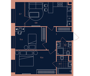 Планировка трехкомнатной(квартира) площадью 62.9 квадратных метров в ЖК “Квартал Эра”