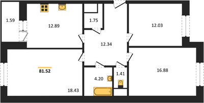 Планировка трехкомнатной(квартира) площадью 81.52 квадратных метров в ЖК “ЖК Эдельвейс (Первомайское)”