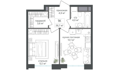 Планировка однокомнатной(квартира) площадью 36.7 квадратных метров в ЖК “ЖК Михалковский”