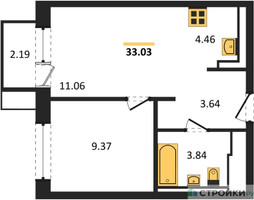 Планировка однокомнатной(квартира) площадью 33.03 квадратных метров в “ЖК Новое Видное”