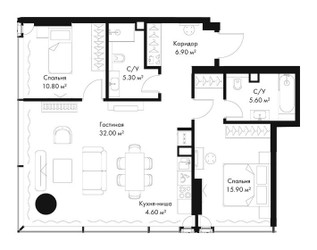 Планировка двухкомнатной(квартира) площадью 81.1 квадратных метров в ЖК “ЖК Слава”