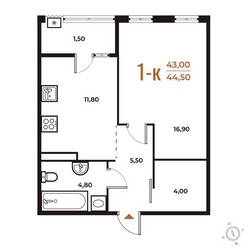 Планировка однокомнатной(квартира) площадью 44.5 квадратных метров в ЖК “ЖК Новое Летово”