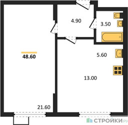 Планировка однокомнатной(квартира) площадью 47.8 квадратных метров в ЖК “ЖК Ново-Молоково”