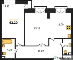 Планировка двухкомнатной(квартира) площадью 62.2 квадратных метров в “ЖК TWICE”