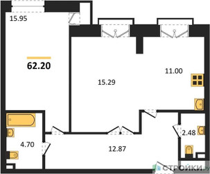 Планировка двухкомнатной(квартира) площадью 62.2 квадратных метров в ЖК “ЖК TWICE”