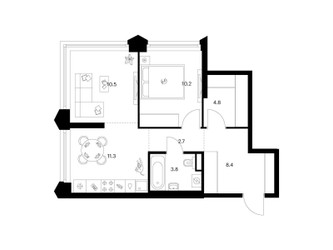 Планировка двухкомнатной(квартира) площадью 51.7 квадратных метров в ЖК “ЖК Матвеевский парк”