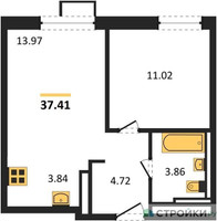 Планировка однокомнатной(квартира) площадью 37.41 квадратных метров в “ЖК Пятницкие луга”