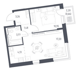Планировка однокомнатной(квартира) площадью 41.45 квадратных метров в ЖК “ЖК Подольские кварталы”