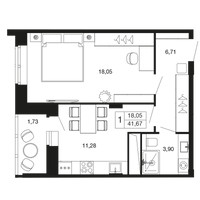 Планировка однокомнатной(квартира) площадью 41.7 квадратных метров в “ЖК Времена года”