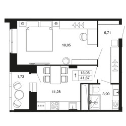 Планировка однокомнатной(квартира) площадью 41.7 квадратных метров в ЖК “ЖК Времена года”