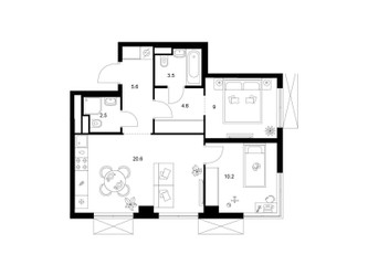 Планировка двухкомнатной(квартира) площадью 56 квадратных метров в ЖК “ЖК Кавказский бульвар 51”