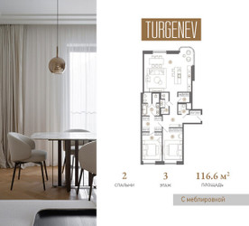 Планировка двухкомнатной(квартира) площадью 116.6 квадратных метров в ЖК “ЖК Turgenev (Тургенев)”