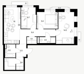 Планировка трехкомнатной(квартира) площадью 74.9 квадратных метров в ЖК “ЖК Саларьево парк”