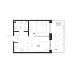 Планировка однокомнатной(квартира) площадью 36.9 квадратных метров в ЖК “ЖК Форевиль”