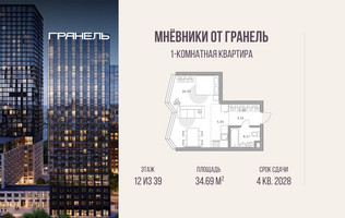 Планировка однокомнатной(квартира) площадью 34.69 квадратных метров в “ЖК Мневники от Гранель”