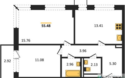 Планировка двухкомнатной(квартира) площадью 55.48 квадратных метров в ЖК “ЖК Квартал Западный”