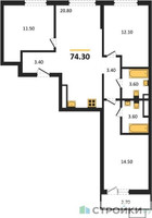 Планировка трехкомнатной(квартира) площадью 74.3 квадратных метров в “ЖК Прокшино”