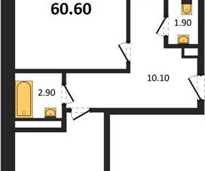 Планировка двухкомнатной(квартира) площадью 60.6 квадратных метров в ЖК “ЖК Три квартала”