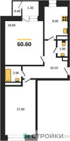 Планировка двухкомнатной(квартира) площадью 60.6 квадратных метров в “ЖК Три квартала”