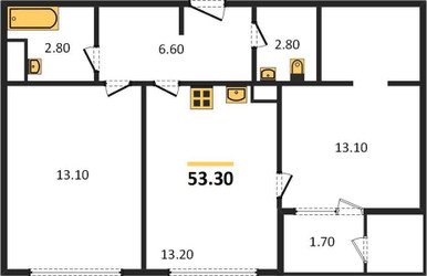 Планировка двухкомнатной (квартира) площадью 53.3 квадратных метров в ЖК “Sky Garden”