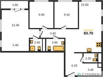 Планировка трехкомнатной(квартира) площадью 83.7 квадратных метров в ЖК “ЖК Испанские Кварталы”