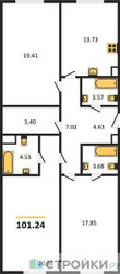 Планировка трехкомнатной(квартира) площадью 101.3 квадратных метров в ЖК “Квартал Foriver”