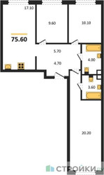 Планировка трехкомнатной(квартира) площадью 75.6 квадратных метров в ЖК “ЖК Shagal (Шагал)”