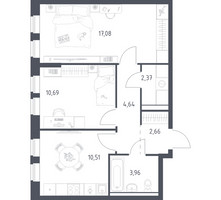 Планировка двухкомнатной(квартира) площадью 50.9 квадратных метров в “ЖК Пригород Лесное”