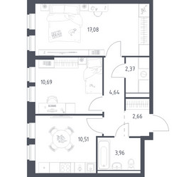 Планировка двухкомнатной(квартира) площадью 50.9 квадратных метров в ЖК “ЖК Пригород Лесное”