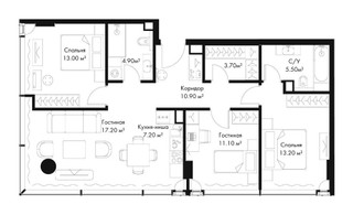 Планировка трехкомнатной(квартира) площадью 86.7 квадратных метров в “ЖК Слава”