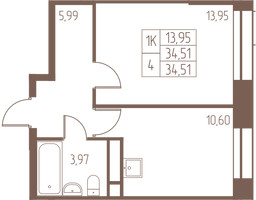 Планировка однокомнатной(квартира) площадью 34.5 квадратных метров в “ЖК Западная Ивантеевка”