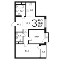 Планировка трехкомнатной(квартира) площадью 67.7 квадратных метров в “Новые Ватутинки. Заречный”
