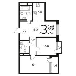 Планировка трехкомнатной(квартира) площадью 67.7 квадратных метров в ЖК “Новые Ватутинки. Заречный”